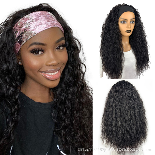 human hair feeling japanese kaneka fiber afro kinky curly headband wigs for black women, short black curly wig with headband